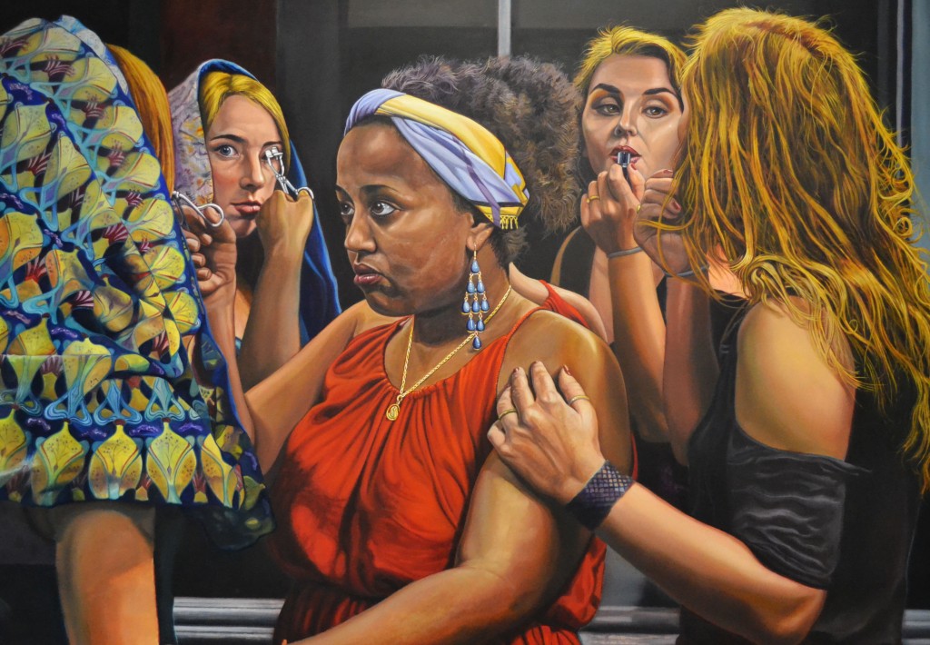 Dimitris Tzamouranis, girls at the mirror, 2014, ladi se lino, 230x180cm