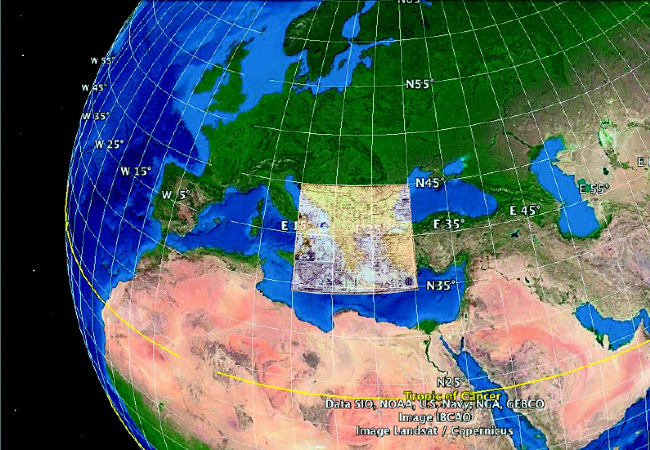 Το γεωγραφικό παράθυρο της Χάρτας του Ρήγα Βελεστινλή προσαρμοσμένο κατάλληλα στο αντίστοιχο πλέγμα μεσημβρινών και παραλλήλων μιας σύγχρονης απεικόνισης Google Earth