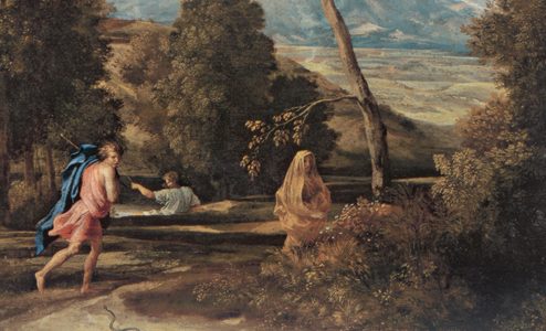 Poussin - Feldman_02: Νικολά Πουσέν «Τοπίο με Άνδρα καταδιωκόμενο από Φίδι». Λάδι σε μουσαμά, 65 x 76 εκ. The Montreal Museum of Fine Arts